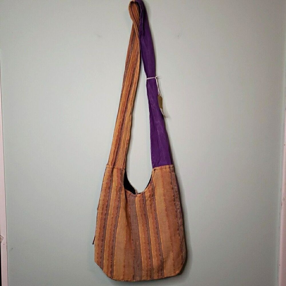 Hippie Peace Sign Crossbody Hobo Bag Funky Fabric Purse Retro Handmade Nepal - Picture 3 of 14